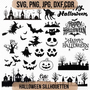 Op de afbeelding: Een verzameling zwarte Halloween-silhouetten met heksen op bezemstelen, vleermuizen, geesten, pompoenen, spookhuizen en bomen. De tekst bevat Happy Halloween en Cute & Creepy. Bestandsformaten SVG, PNG, JPG, DXF, CDR staan vermeld.