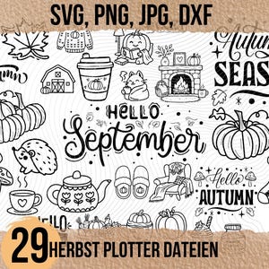 Könnte beinhalten: Eine Sammlung von schwarz-weißen Strichzeichnungen mit herbstlichen Motiven, darunter Kürbisse, ein Igel, ein Fuchs, Pilze, ein Kamin, eine Teekanne, eine Tasse, Hausschuhe sowie die Schriftzüge Autumn Season, Hello September und Hello Autumn.