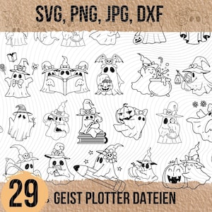 Könnte beinhalten: Eine Sammlung von 29 schwarz-weißen Strichzeichnungen mit Geistern in verschiedenen Posen, darunter mit Hexenhüten, Kürbissen, Büchern und einem Bleistift. Der Text SVG, PNG, JPG, DXF und 29 GEIST PLOTTER DATEIEN ist auf dem Bild zu sehen.