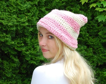 pink striped crochet cat hat /pink handmade hat/ cat hat