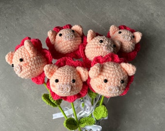 Crochet Pig Flower -Knitted Flower Pig-Mother Day Gift flower gift- animal crochet,woven flowers pig- gift for her animal crochet-piggy