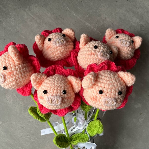 Crochet Pig Flower -Knitted Flower Pig-Mother Day Gift flower gift- animal crochet,woven flowers pig- gift for her animal crochet-piggy