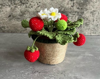 Flower strawberry handmade crochet flower-mother day gift- potted flowers indoor fruit gift -flower decor-daisy flower-fruit decor gift