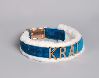 Blue Velvet Plush Personalized Dog Collar with Gold Metal Letter Name