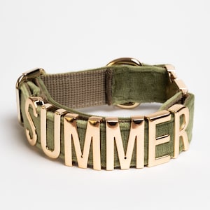 Personalized Dog Collar, Gold Letter Velvet Personalized Collar, Personalized Collars with Metal Letter Name, Dog Collar Olive Drab.