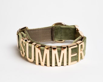 Custom Velvet Dog Collar with Gold Metal Letters – Personalized Name, Adjustable, Stylish Gift for Small, Medium, Large Dogs