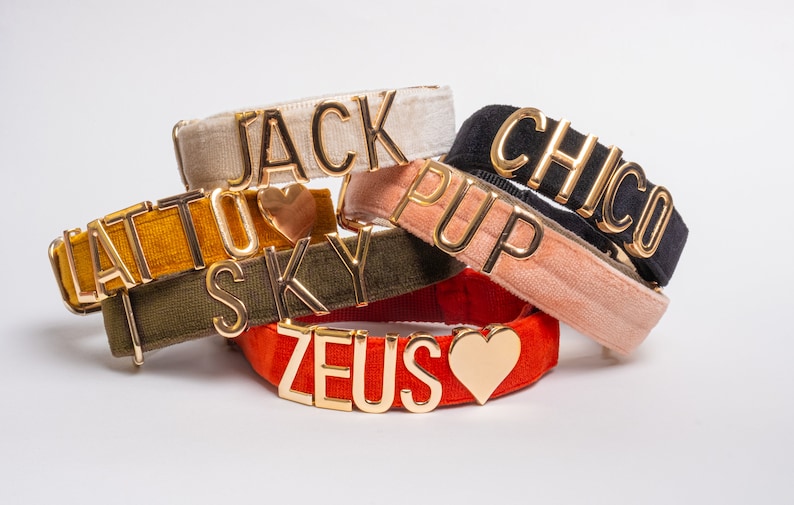May include: A collection of velvet pet collars in various colors including beige, mustard yellow, olive green, peach, black, and orange. Each collar features gold-toned metal letters spelling out names like JACK, ATTU, SKY, PUP, CHICO, and ZEUS, with heart charms.