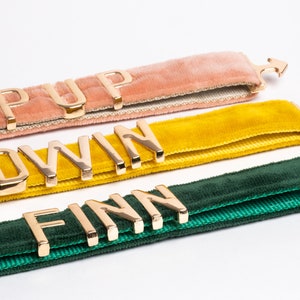 May include: Three velvet collars in dusty pink, mustard yellow, and forest green. Each collar features gold-toned metal letters spelling out the names PUP, EDWIN, and FINN, respectively, with matching gold-toned metal hardware and buckles.