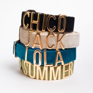 May include: A stack of four pet collars in black, beige, teal, and olive green. Each collar features large, gold-toned metal letters spelling out the names CHICO, JACK, LOLA, and SUMMER, with matching gold-toned metal buckles and hardware attached.