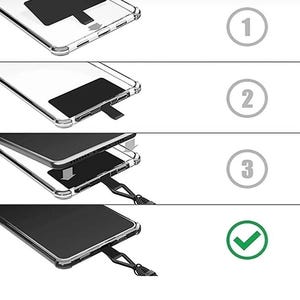 May include: A clear phone case with a black phone inside. The phone case has a strap attached to it. The image shows three steps on how to attach the strap to the phone case.