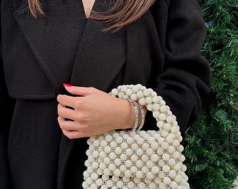 Pearl Beaded Handbag, Bridal Wedding Clutch, Handmade Elegant Purse for Women, Luxury Beaded Evening Bag, Vintage Pearl Purse