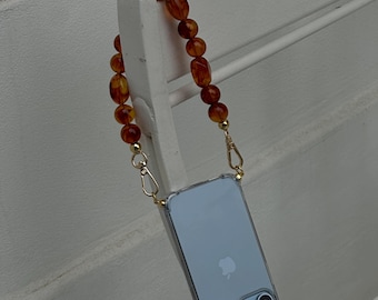 Handcrafted Amber Glass Bead Phone Strap - Elegant Transparent Case with Universal Fit & Durable Clip - Beaded Wrist Phone Strap