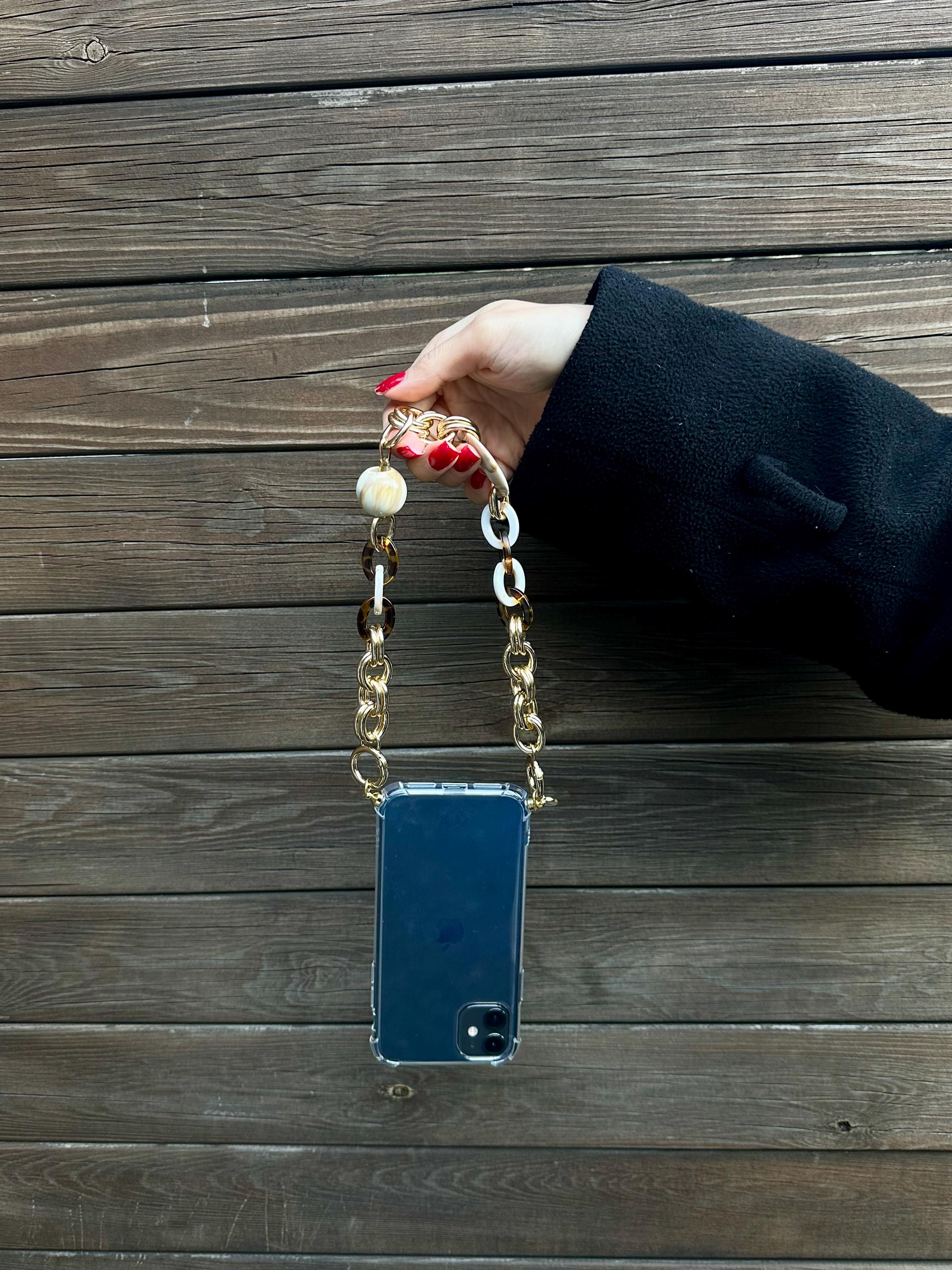 Stylish Beaded Phone Wrist Strap – Handmade Chain Phone Charm with Marbled Acrylic Details – Detachable Universal Short Lanyard