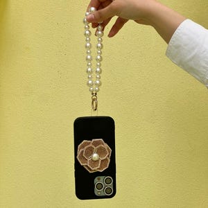 Luxury Pearl Phone Wrist Strap,  Handmade Rose Detail Phone Charm , Pearl Phone Strap , Luxury Beaded Wristlet ,Phone Case Strap