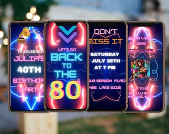 Sjabloon voor digitale uitnodiging voor feest uit de jaren 80 | Neon jaren 80 Retro eVite uit de jaren 80| Verjaardagsuitnodiging digitale discoparty