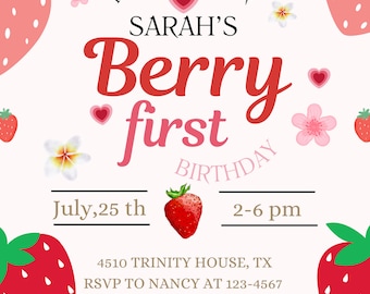 evite Berry First Birthday Invitation Template, Berry First Birthday Invitation, Berry First Birthday Invitation, Digital Download