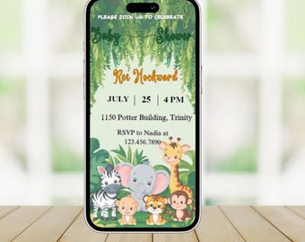 Safari Baby Shower Electronic Invitation, Editable Digital Download, Greenery Jungle Animal Baby Shower Evite, Text Message Invite