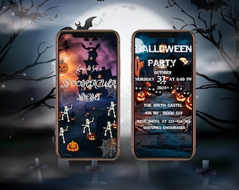May include: Two smartphones displaying Halloween party invitations. One features a spooky castle and the text "Join us for a SPOOKTACULA NIGHT". The other shows a party invitation with the text "HALLOWEEN PARTY" and event details.