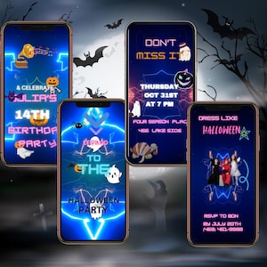 Editable Halloween 80s Disco Party Video Invitation - Retro Neon Digital Invite Template for smartphone- Instant Download