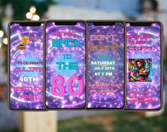 Terug naar de jaren 80-feestuitnodiging. Uitnodiging voor feest jaren 80, eVite retro neonfeest jaren 80, verjaardagsuitnodiging | Jaren 80-feest bewaar deze datum