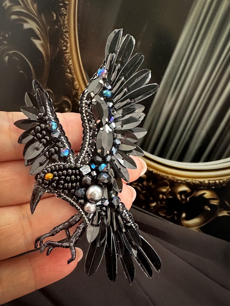 Black Raven Brooch, Beaded Bird Pin, Handmade Gothic Jewelry - Etsy