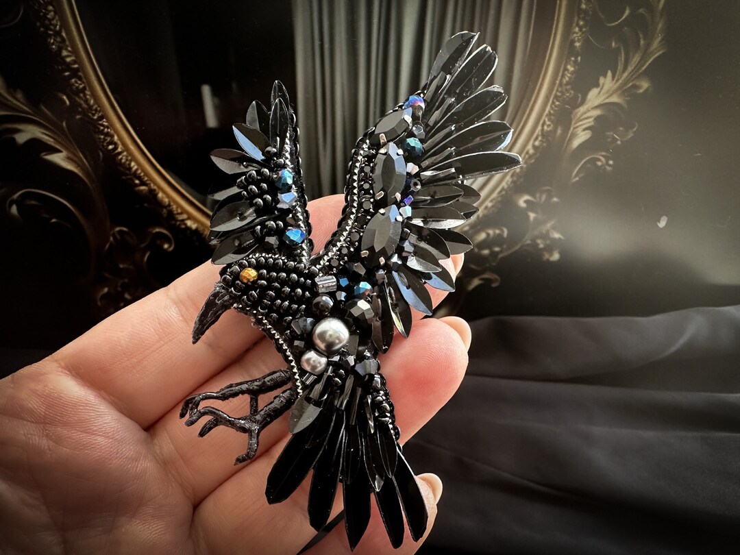 Black Raven Brooch, Beaded Bird Pin, Handmade Gothic Jewelry - Etsy