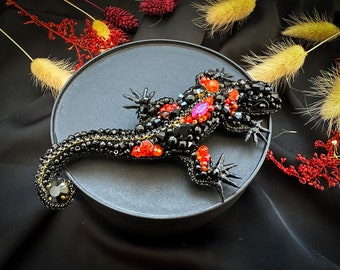 Black lizard salamander brooch Handmade beaded insect jewelry Colorful vintage style broach 40th birthday gifts for women