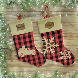 Personalized Buffalo Plaid and Burlap Large 18" Christmas Stocking | Laser Engraved Leather Patch