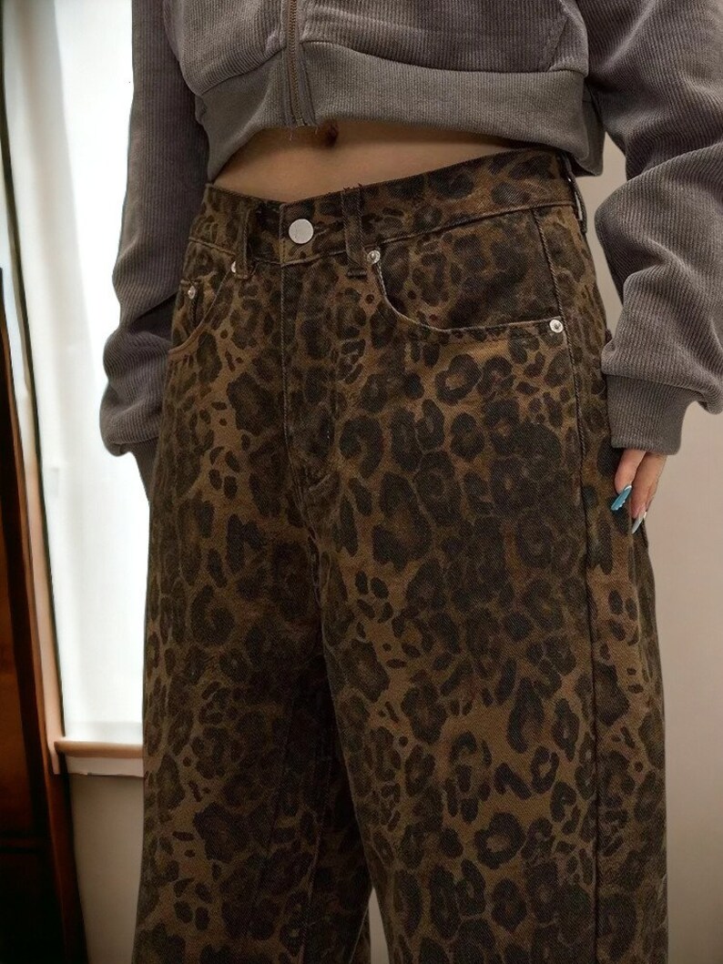 Leopar Desenli Y2K Kadın Bol Paça Denim Pantolon Sokak Modası Hip Hop Vintage Gevşek Bol Kesim Tasarımcı Jean zdjęcie 5