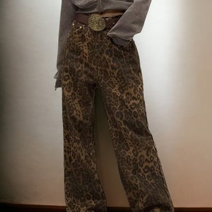 Leopar Desenli Y2K Kadın Bol Paça Denim Pantolon Sokak Modası Hip Hop Vintage Gevşek Bol Kesim Tasarımcı Jean zdjęcie 2