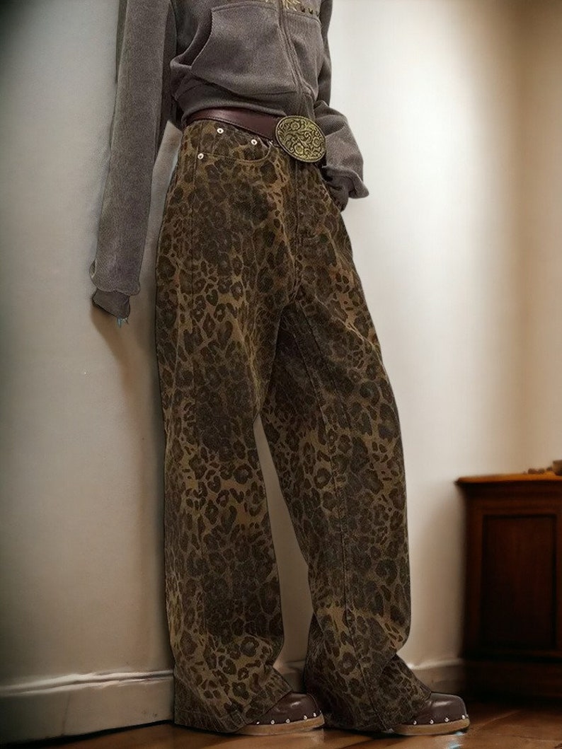 Leopar Desenli Y2K Kadın Bol Paça Denim Pantolon Sokak Modası Hip Hop Vintage Gevşek Bol Kesim Tasarımcı Jean zdjęcie 1
