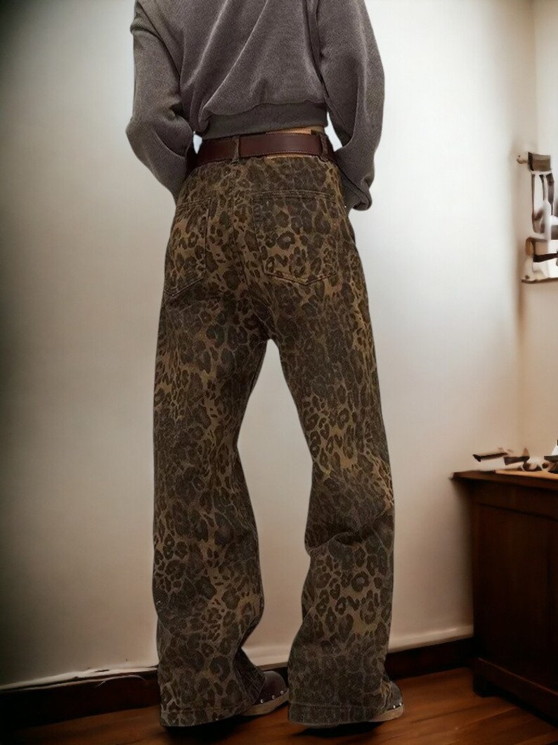 Leopar Desenli Y2K Kadın Bol Paça Denim Pantolon Sokak Modası Hip Hop Vintage Gevşek Bol Kesim Tasarımcı Jean zdjęcie 3