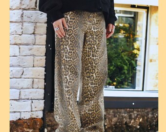 Vintage Leopard Print Hohe Taille Jeans mit weitem Bein für Frauen: Frühling Übergroße Lässige Hip Pop Panther Denim Hose