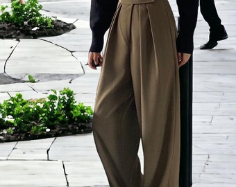 Vintage Palazzo Office Elegant Casual Black Trousers: Brown Wide Leg Women's Classic Suit Pants with High Waist