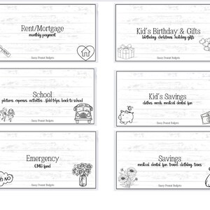May include: A set of printable budget envelopes with categories for rent/mortgage, kid's birthday and gifts, school, kid's savings, emergency, and savings. The envelopes are designed with a woodgrain background and black and white illustrations.