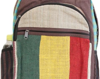 May include: A brown hemp backpack with a green, yellow and red striped design. The backpack has a small pocket on the front with a green leaf logo that says "Hemp Lifestyle".