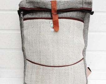 Bag Pack Hemp Hand Made Beige Fold-Top Backpack Organic Handmade - Beni