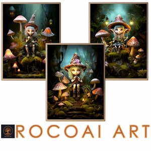 Triptych Wall Art Whimsical Mushroom Fairies Art cute art whimsical AI-generated fairies decor cute fairies Nursery Wall Art 3 Piece Decor