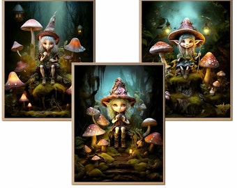 Triptych Wall Art Whimsical Mushroom Fairies Art cute art whimsical AI-generated fairies decor cute fairies Nursery Wall Art 3 Piece Decor