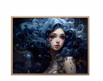 Wall art Digital Print Home Decor AI Art Digital download Abstract portrait painting AI Generate Portraits Girl in Blue 2 Gift for her room