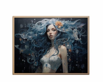 Wall art, Digital Print, Home Decor, AI Art, Digital download, PNG, Abstract portrait painting, AI Generate, Portraits, Girl in Blue