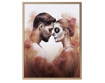 PRINTABLE WALL Art Dia de Los Muertos Mexican Folk Art Painting Printable Wall Art Decor Sugar Skull Couple Wall Art Skull Decor Love Art AI