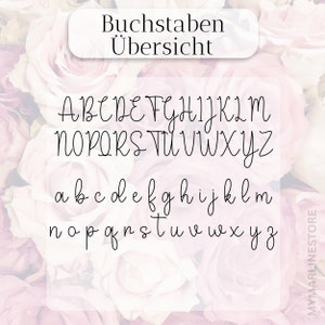 Eine Übersicht der Buchstaben für die Schrift auf dem Rosen Bilderrahmen