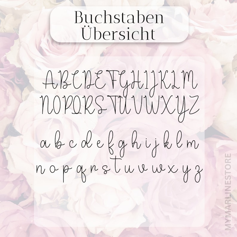 Eine Übersicht der Buchstaben für die Schrift auf dem Rosen Bilderrahmen