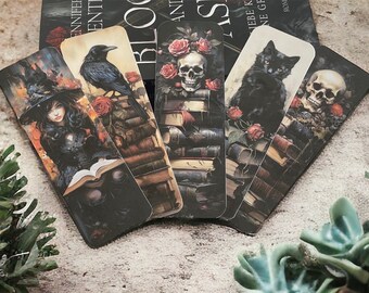 Lesezeichen Illustration | Düstere Gothic Lesezeichen mit Katze, Hexe, Rabe, Totenkopf Illustration | Bookmark