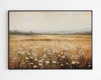 Wildflower Field Landscape Painting, Vintage Country Scenery (Digital Download)
