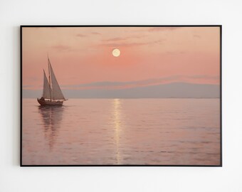 Sunset Sailboat Painting Print, Vintage Nautical Wall Art (Downloadable)
