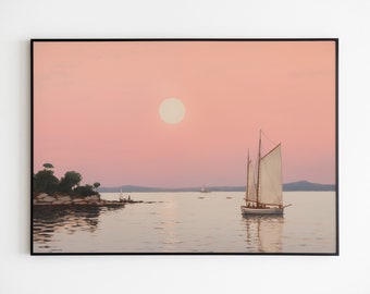 Sunset Sailboat Painting Print, Nautical Wall Art (Downloadable)