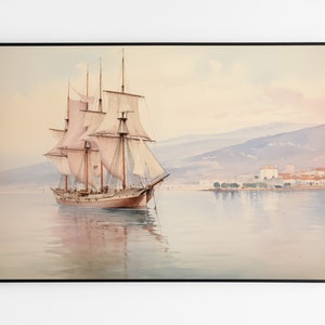 Old Ship in Harbour Sunset, Painting Print, Nautical Decor, Vintage Maritime Art, Antique Ocean Water Wall Art, Downloadable Printable Art