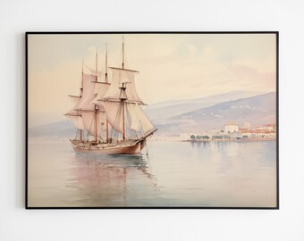 Tall Ship Sunset Painting, Vintage Nautical Maritime Art (Downloadable Printable)